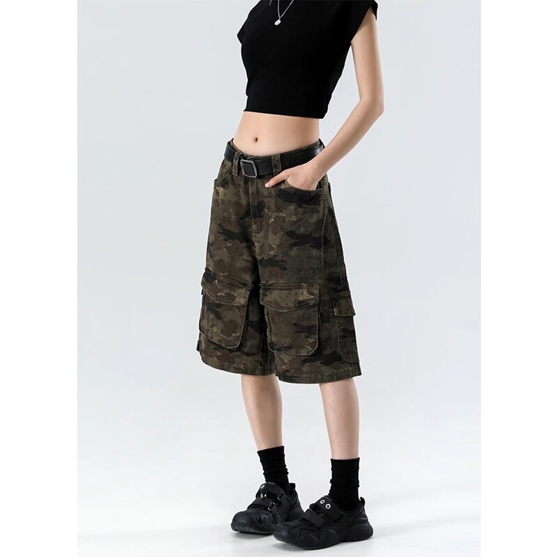 Foreign Trade Cross-Border High Street Fashion Brand Camouflage Workwear Denim Shorts for Women, Summer New Style, Multi-Pocket, Loose Fit, Low Waist, Straight Cut