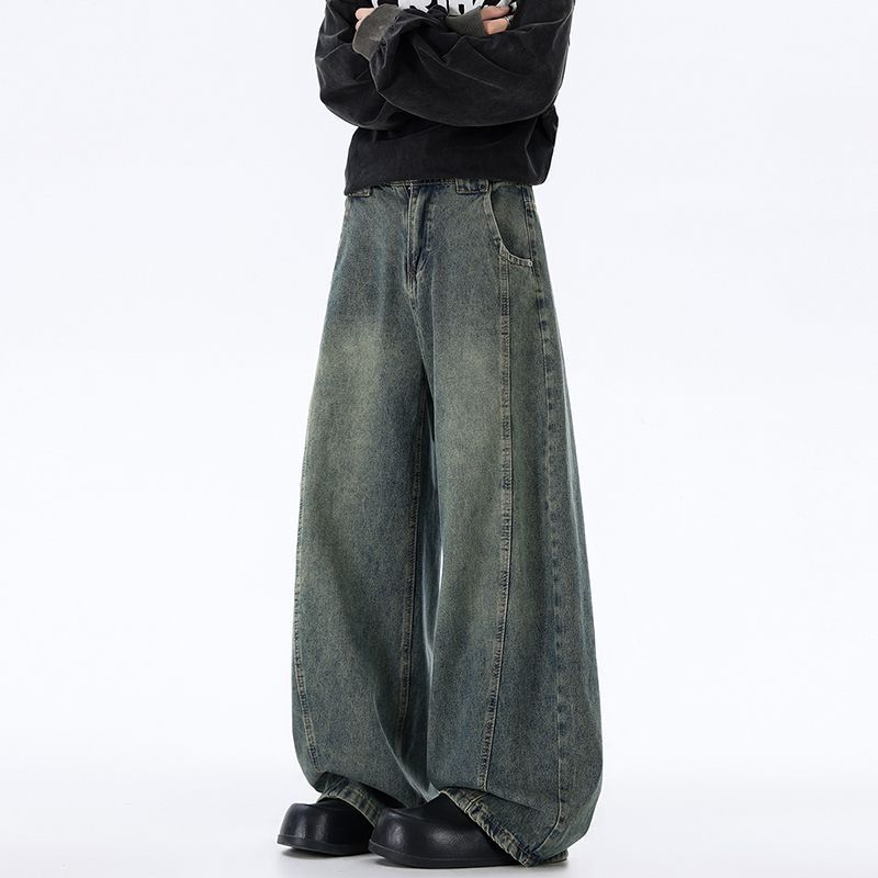 Cross-border American retro washed curved blade jeans men's spring new loose American straight leg versatile sickle wide leg long
