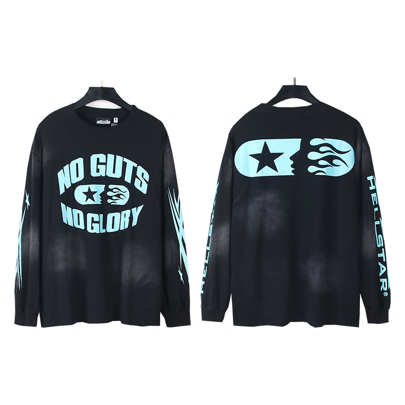 Hellstar アメリカのトレンディなハイストリートレトロウォッシュ加工プリントストリートロックスウェットシャツ長袖 Tシャツ男性と女性のトップス|undefined
