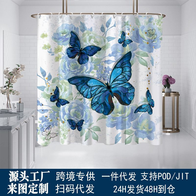 Cross-Border Shower Curtain Custom Digital Printing Thickened Waterproof Fabric Curtain Bathroom Partition Curtain No Drilling Required Meike Multi-Shipping Service