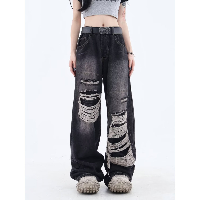 American Street Patchwork Ripped Jeans for Men, New Spring and Autumn Design, Niche Ins Trendy Loose Straight Pants