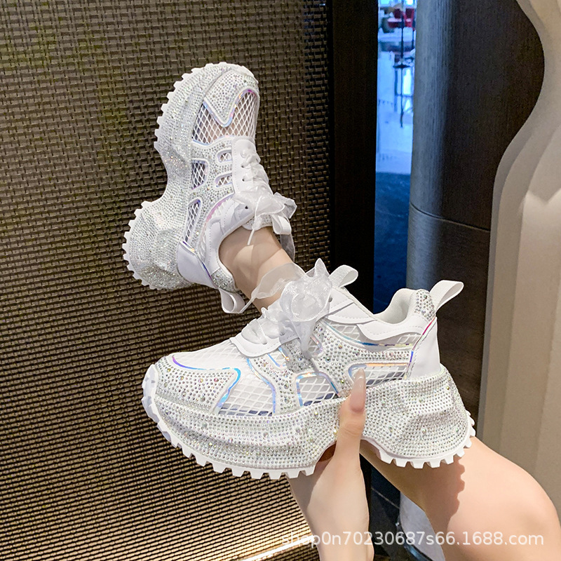 Rhinestone Mesh Lace-Up Platform Thick-Soled Dad Shoes for Women with Baby's Breath, Height-Increasing Casual Sneakers Trendy