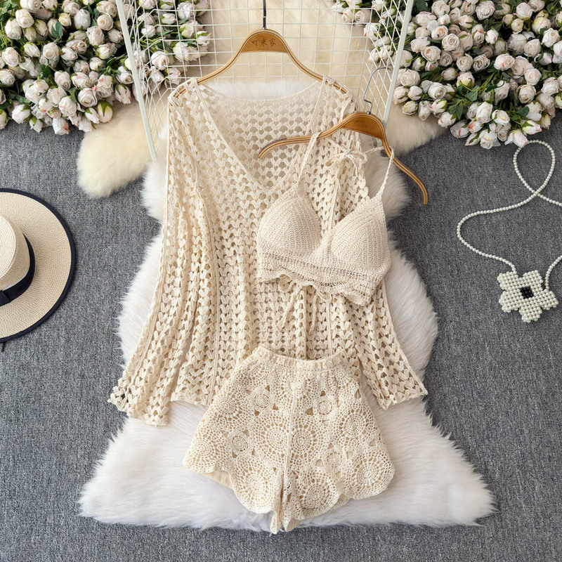 Foreign Trade Korean Super Fairy Style New Sun Protection Blouse Cut Out Knitted Slimming Look Hot Spring Beach Vacation Three-Piece Set