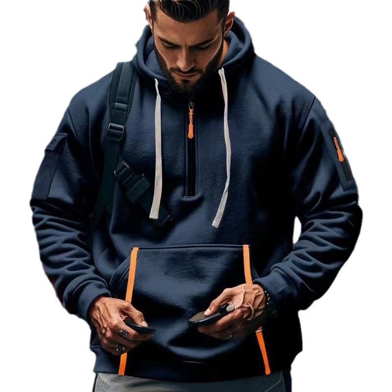 亚马逊春秋男士欧码卫衣连帽衫拉链多口袋套头衫男士运动休闲外套