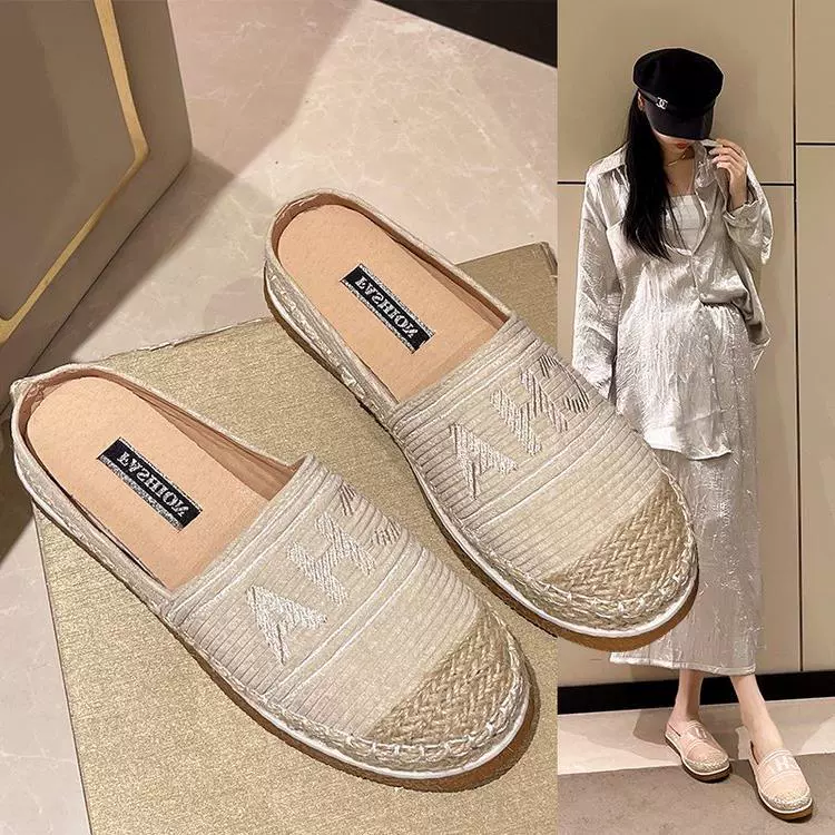 Little Xiangfeng Baotou холодные тапочки женские летние новые педали ленивый человек вышивка полутотаскивая дышащая обувь рыбака с толстой подошвой