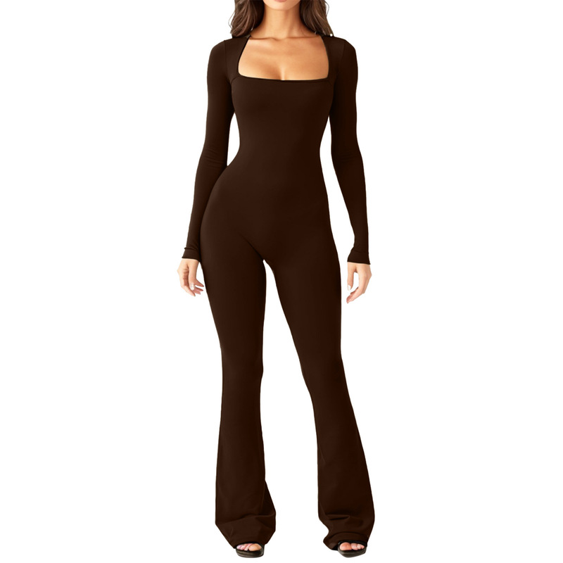Cross-border European and American women's long-sleeve belly-closed square collar wide-leg jumpsuit trousers jumpsuit tight sexy casual wholesale