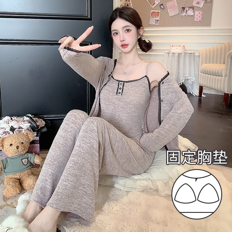 羊绒抓毛秋季睡衣女纯欲风ins风花边蝴蝶结三件套带胸垫女家居服|undefined