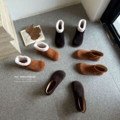 头层牛皮~厚底丑萌面包勃肯鞋短靴女复古一脚蹬雪地靴短筒棉靴子