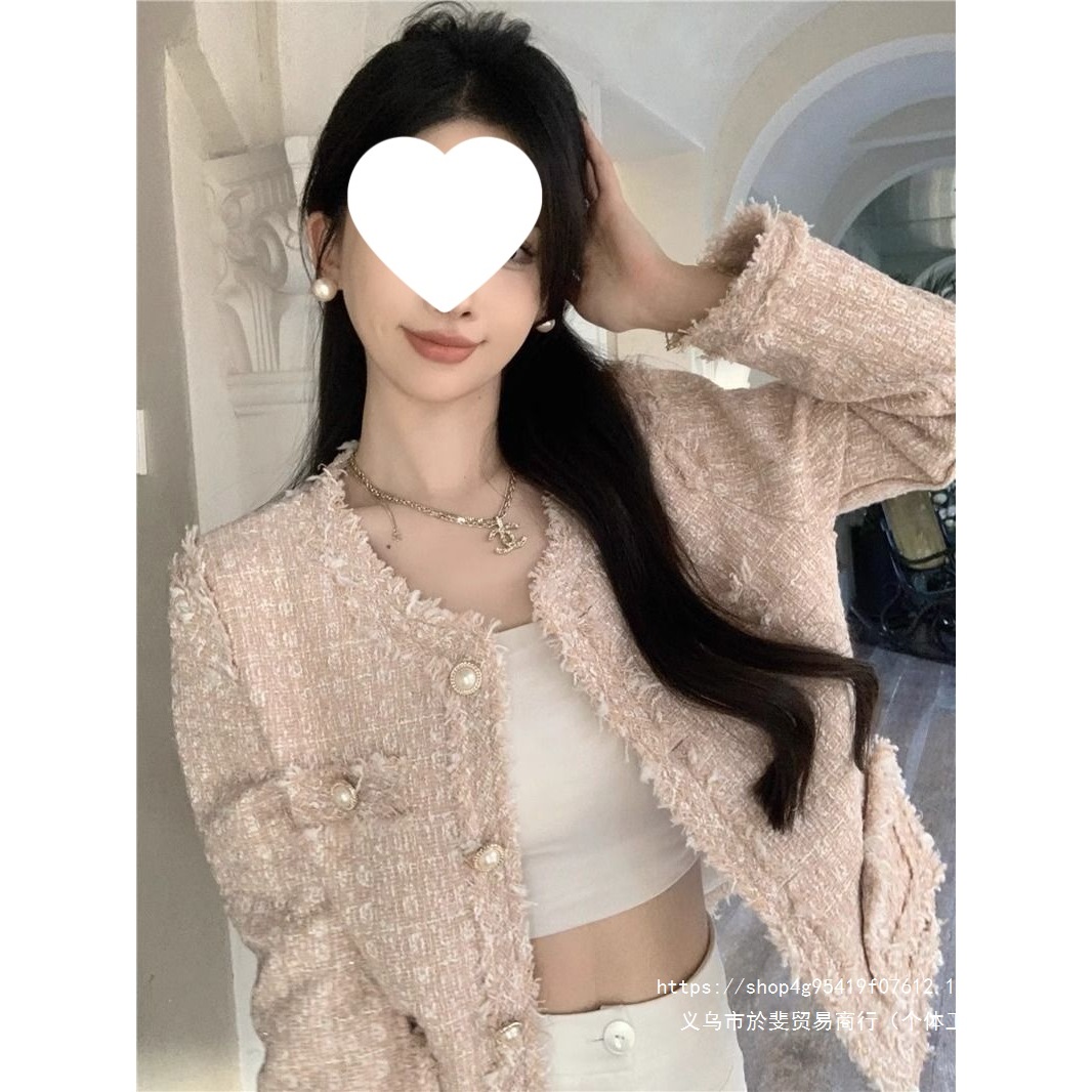 Chanel-inspired tweed women's spring, autumn, and winter style, French sweet and gentle, simple and elegant, slimming round neck short coat.