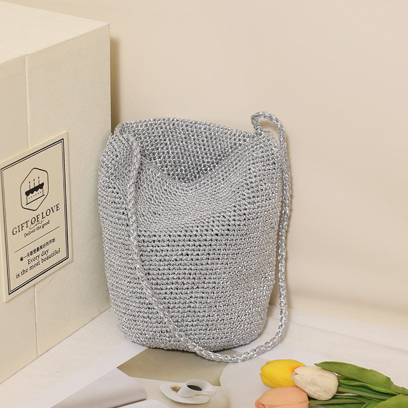 Korean Style Fashion Crossbody Straw Woven Bag - New Solid Color Bucket Bag, Versatile Woven Beach Bag For Vacation - Thumbnail 2