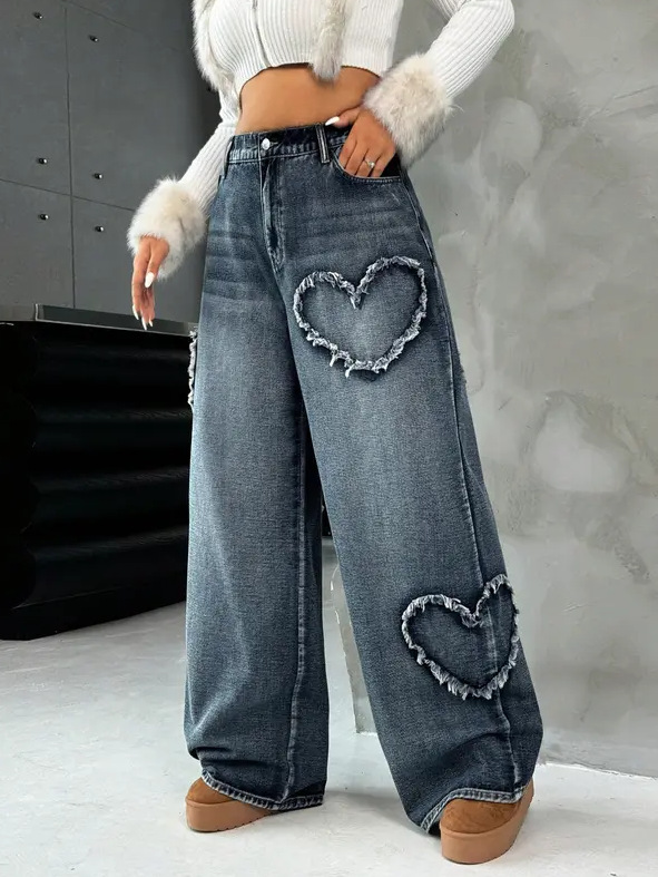 European And American Cross-Border Street Retro Heart Frayed Edge Patchwork Heavy Washed Denim Women's Loose Straight_ecoleips.com