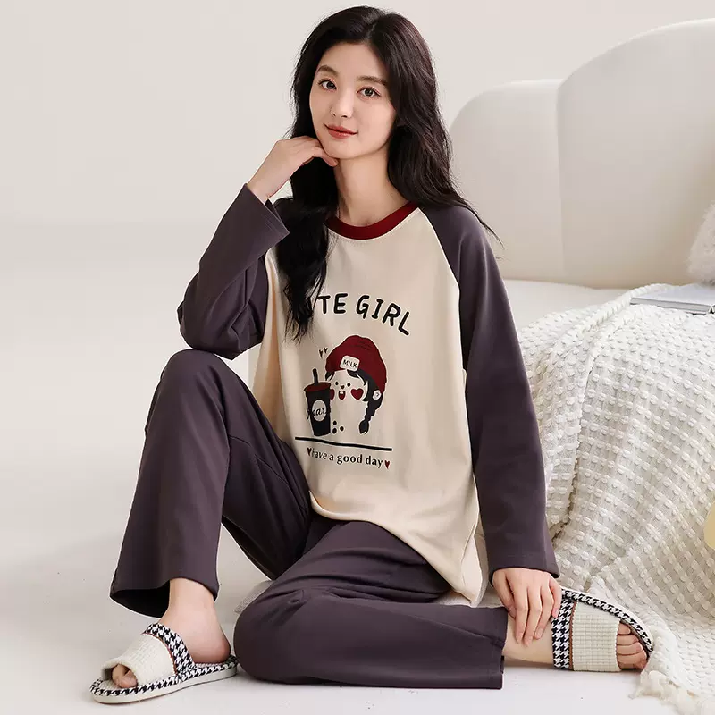 纯棉睡衣少女士春秋季薄款长袖可外穿甜美休闲风初中生家居服套装