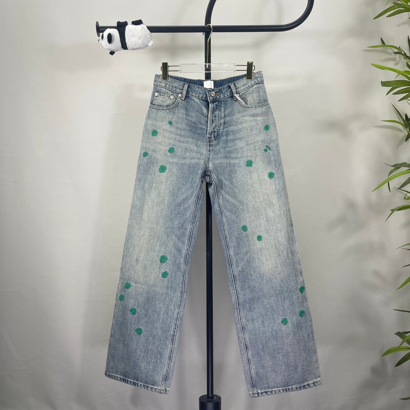 Nanyou 26 New Product Di Vintage Distressed Four-leaf Clover Embroidery High-Waisted Women's Slim Straight Jeans for European and American Cross-Border Market