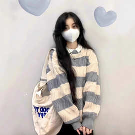 日系简约条纹奶呼呼毛衣女秋冬奶系外穿宽松慵懒风软糯针织衫上衣