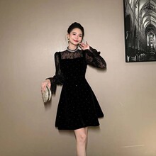 气质名媛高端连衣裙女装2025秋冬成熟御姐拼接蕾丝收腰宴会小黑裙