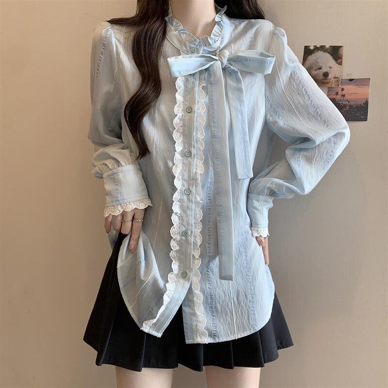 Lace Bow Light Blue Long-Sleeved Shirt for Women Early Autumn Large Size Fat mm Mid-Length French Age-Reducing Top