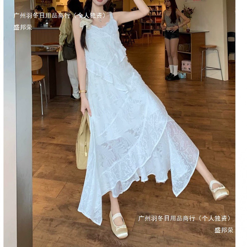 Французское белое платье на подтяжках для женщин летом, кружевная юбка неправильной формы, супер-волшебная длинная юбка для отдыха на море