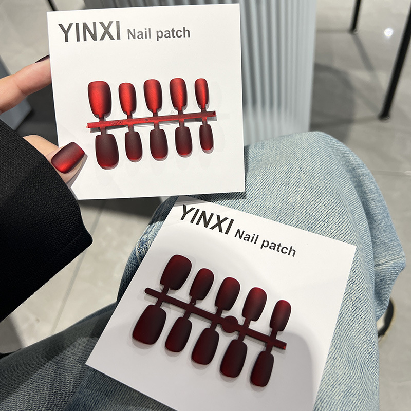 既製ネイルつや消しベルベットキャットアイレッドウェアラブルネイルショートマットウェディングネイル新年ネイルインシーフェイクネイル卸売|undefined