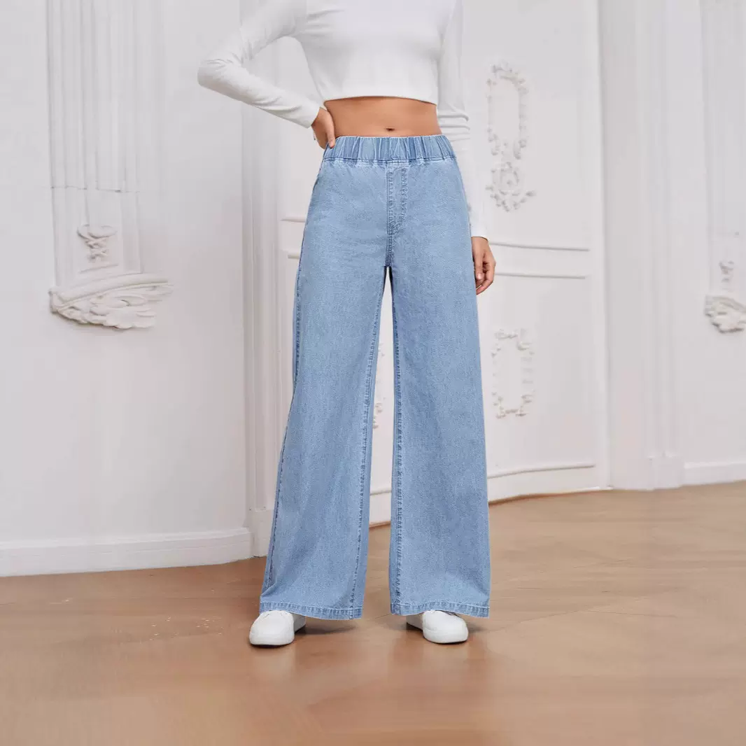 女装弹力休闲宽松大码牛仔纹理图案3D数码印花休闲裤日常简约时尚