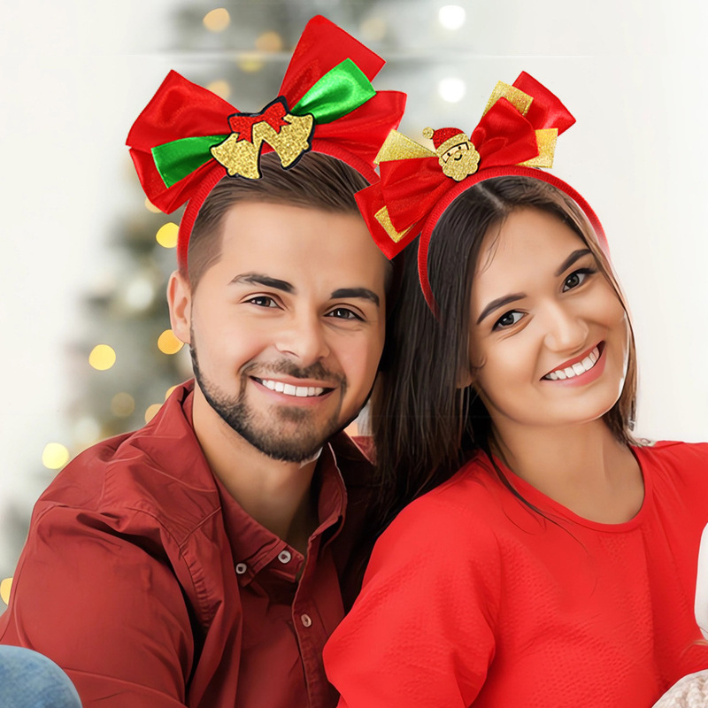 国境を越えたクリスマス装飾カチューシャクリスマスパーティーヘラジカ鈴サンタクロースカチューシャ赤緑蝶結び頭飾り|undefined