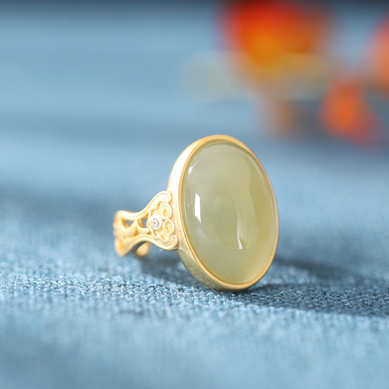 s925 silver gold-plated Hetian jade egg face auspicious cloud texture open ring
