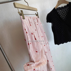 大手メーカーから！ ！高品質な夏のドーパミンヘビーラブ刺繍ストライプワイドレッグカジュアルパンツ女性用