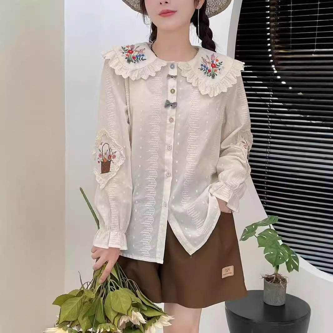 (2개) 2024 년 가을 새로운 여성 옷깃 일본면 및 리넨 셔츠 루즈 셔츠 올매치 자수 예술적 스타일 탑 모리
