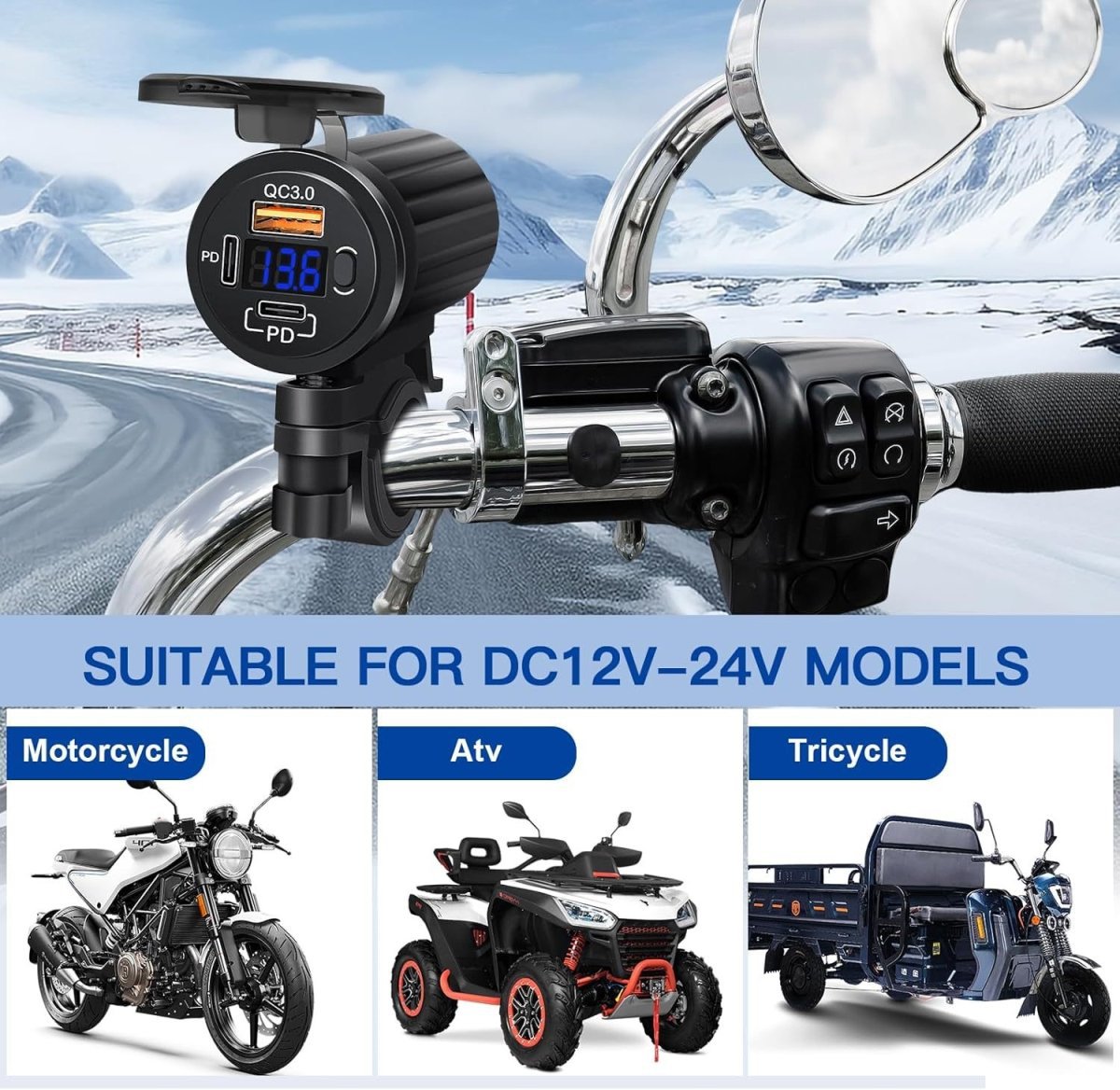 New Dual Pd+Qc Car Mobile Phone Charger Motorcycle Modified Voltmeter Fast Charging USB Switch Car Charger Waterproof