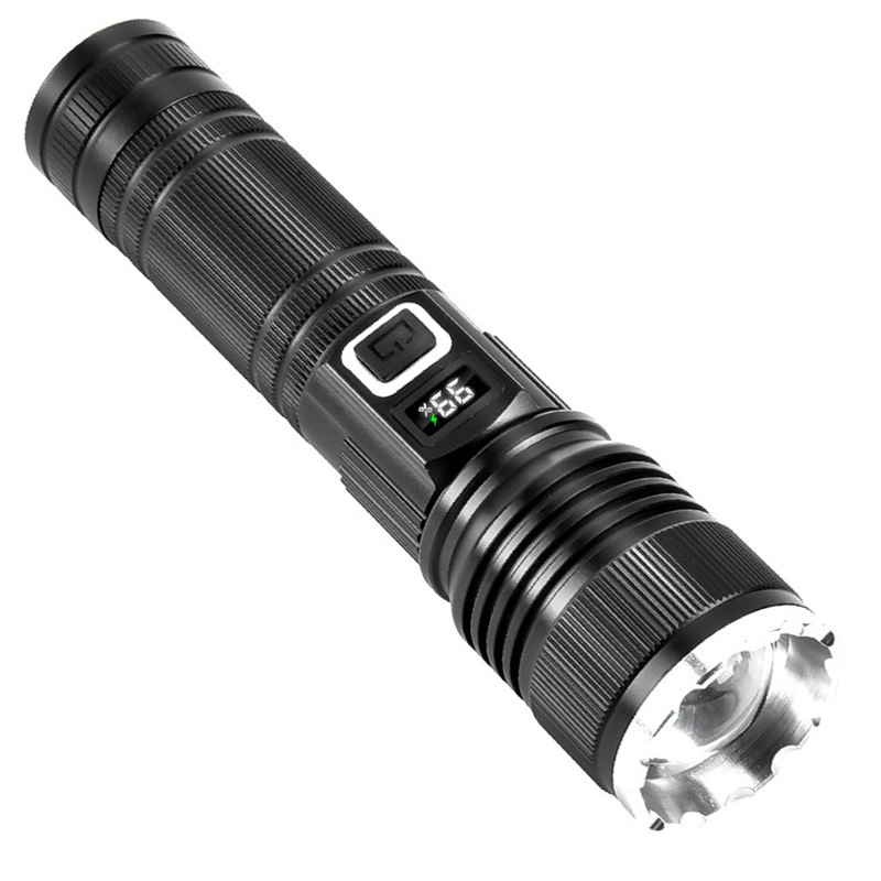 Lintera de luz brillante personalizada al aire libre carga láser blanco telescópico zoom inundación de aleación de aluminio LED pantalla de cinta de lámpara