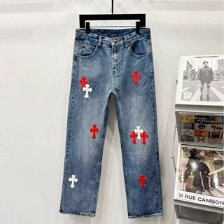 轻奢美式复古洗水做旧牛仔裤男女款多巴胺粉色十字架拼皮牛仔长裤