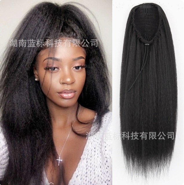 Foreign trade wig YAKI silk fluffy straight ponytail European and American net bag drawstring chemical fiber ponytail factory wholesale direct sales
