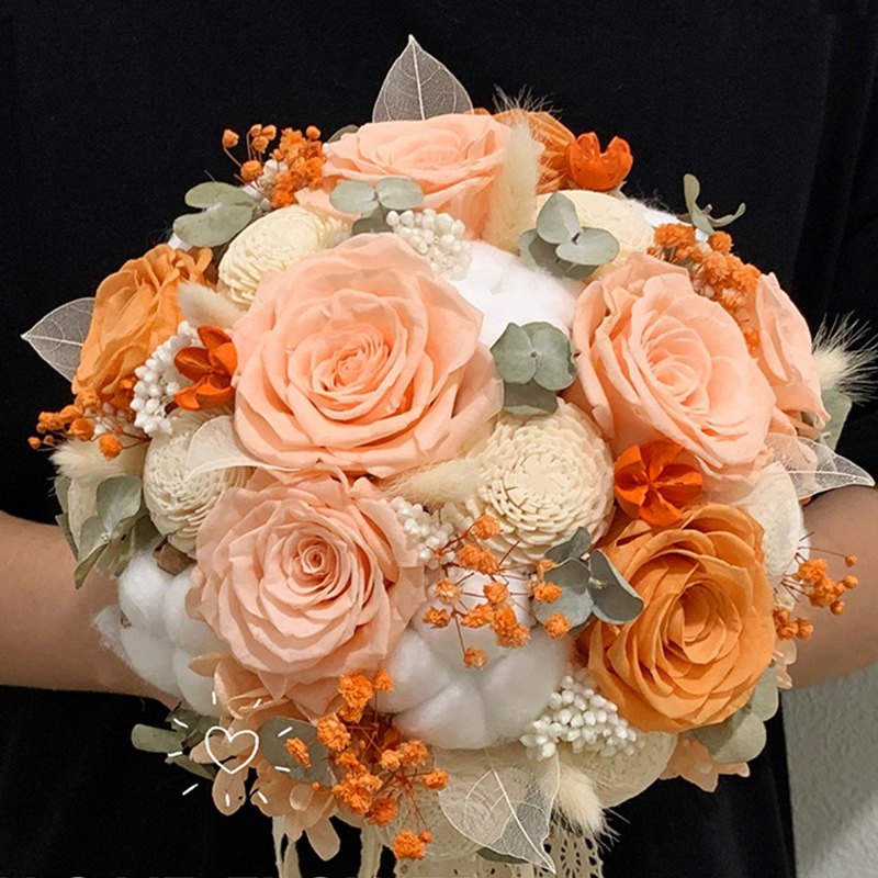 Ramo de Rosas Preservadas Color Naranja, Ramo de Mano para Propuesta de Matrimonio, Regalo para Novia, Dama de Honor, Regalo de Flores Reales al por Mayor