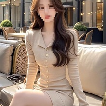 法式名媛风卡其色翻领长袖连衣裙女温柔气质御姐范收腰显瘦包臀裙