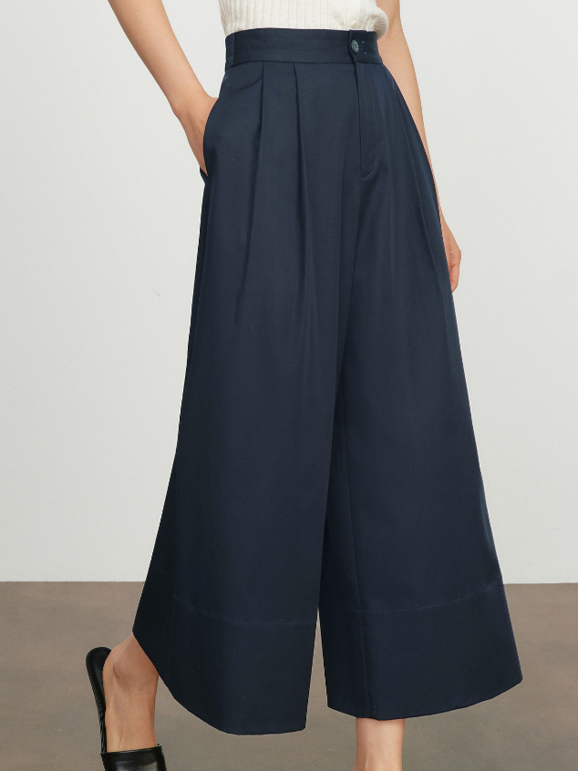 Quần culottes nữ ống rộng dáng suông, cạp cao co giãn, mặc xuân hè — Xanh lông mòng đen