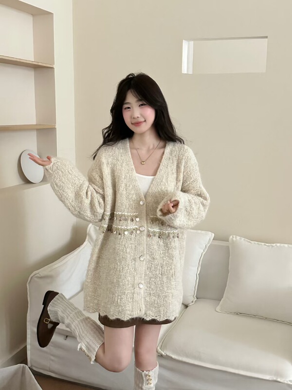 时尚亮片V领休闲开衫毛衣女2025秋冬新款韩版宽松甜美针织衫外套|undefined
