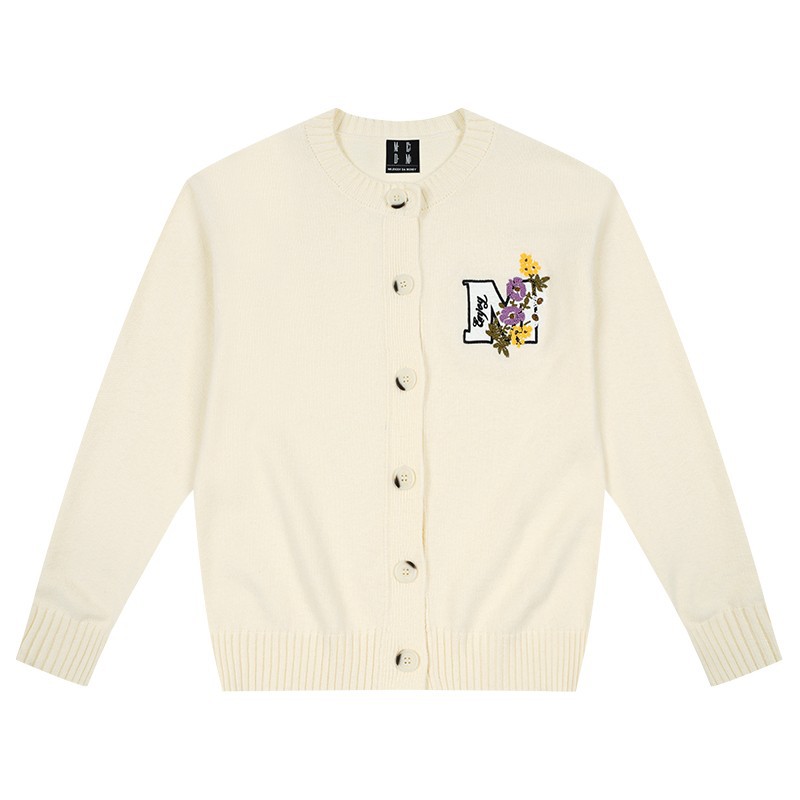 Autumn knitted cardigan with a round collar