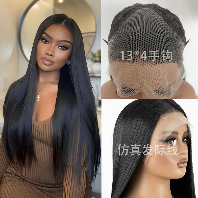 Black Long Straight Synthetic Wig for European and American Women, Fashionable Hand-Tied Lace Front Wig 13*4, Wholesale for Cross-Border Trade