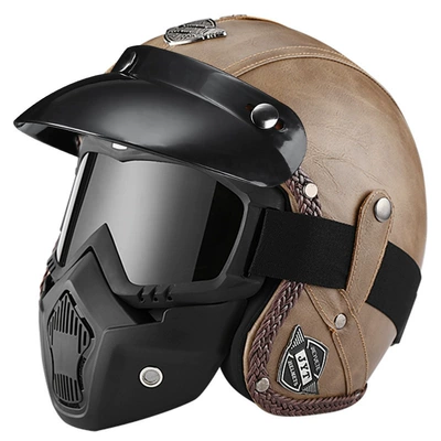 Motorcycle Safety Supplies | Women's Motorcycle Leather Helmet Riding - 555-leather-helmet-light-brownmask-s