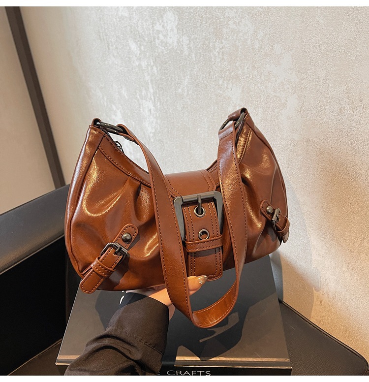Distressed Buckle Ruched Zip Closure Shoulder Bag 50