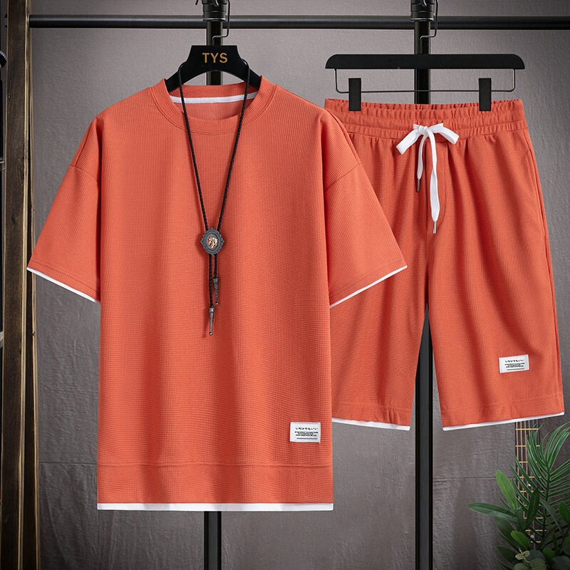 新款华夫格夏季休闲运动服宽松套装男士夏装潮流短袖T恤两件套|undefined