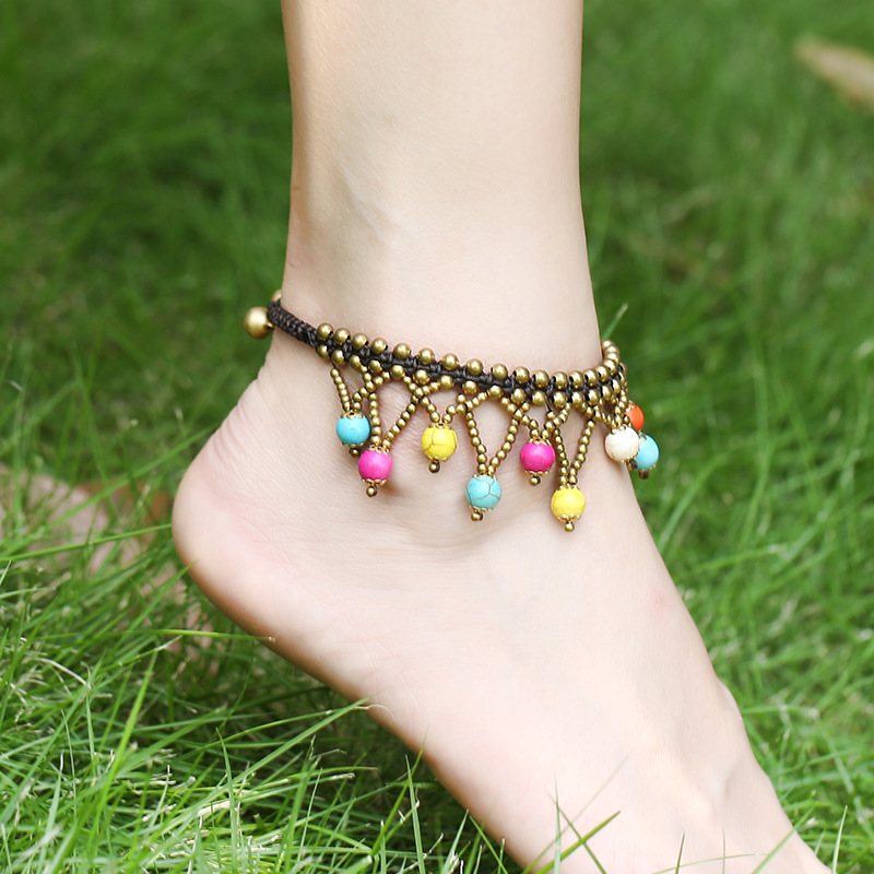 Elegant Retro Geometric Synthetic Turquoise Wax Line Copper Artificial Gemstones Women's Anklet 1 Piece display picture 6