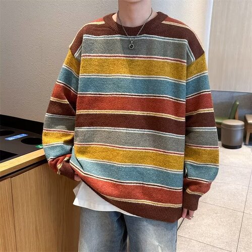 Men's Autumn/Winter Korean-Style Minimalist Trend Color-Block Striped Sweater, Men's Retro Hong Kong Style Atmospheric Casual Hooded Sweater
