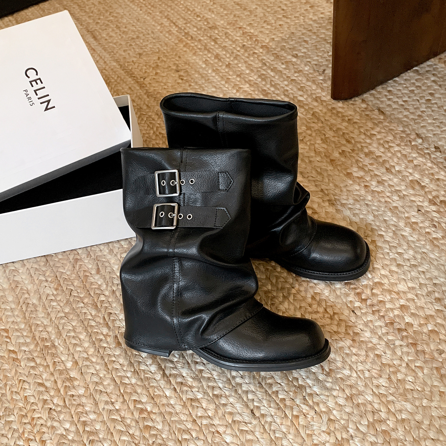 Thick-Soled Genuine Leather Martin Boots for Women, 2026 New Model, Black Short Boots, Western Mid-Calf Boots with Belt Buckle and Ruched Shaft