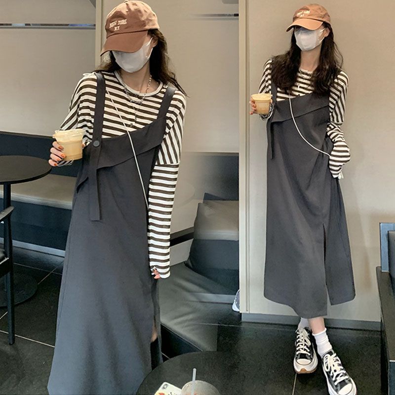 (2개) 가을 줄무늬 긴팔 최고 여성 학생 캐주얼 패션 서스펜더 원피스 원피스 스트랩 긴 원피스 투피스 세트