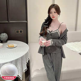 6612#带可拆卸胸垫 秋冬新款睡衣女羊绒可爱休闲家居服套