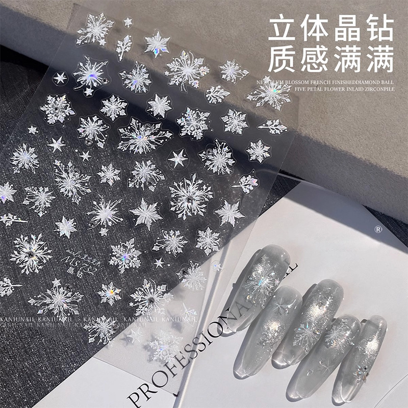 Snowflake Hollow Nail Art Sticker Jewelry Internet Celebrant French White Crystal Diamond Embossed Three-dimensional Nail Art Sticker New Year Nail