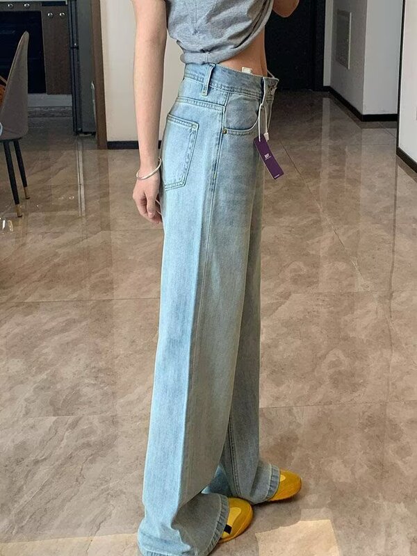 水洗浅蓝微喇牛仔裤女2025春秋季新款宽松显瘦阔腿不贴腿喇叭裤子|undefined