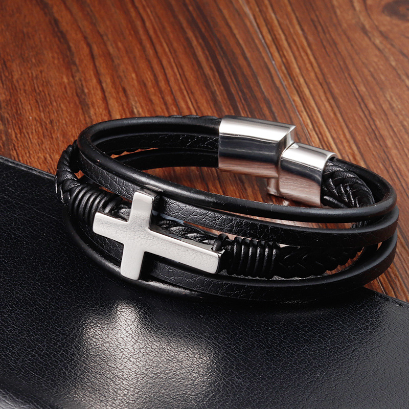 30g Weight Bracelets Classification Leather Chain Material 1 Piece Quantity Daily Occasion Leather, Titanium Steel Material Cross Pattern Men's Gender Layered, Polishing Design Retro, Ethnic Style Style Retro Ethnic Style Cross Leather Titanium Steel Layered Polishing Men's Bracelets Men Cord & Leather Bracelets 7