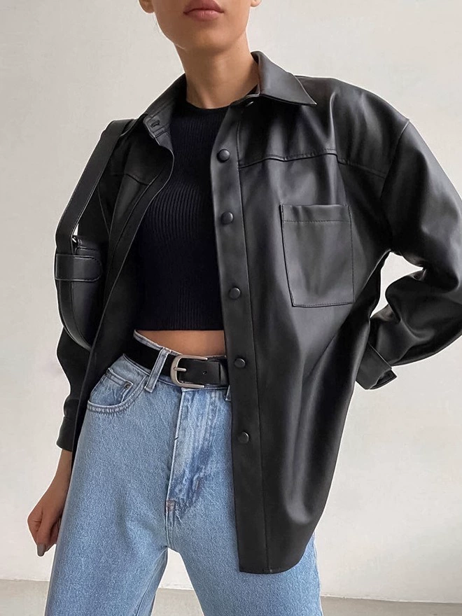Black PU Leisure Shirt, European-Style Fashion Top with Stretch, Modern Chic for versatile leisure wear