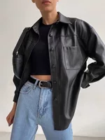 Black PU Leisure Shirt, European-Style Fashion Top with Stretch, Modern Chic for versatile leisure wear